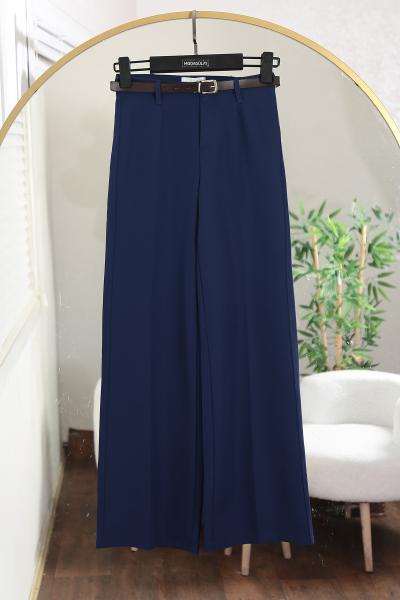 Beli Kemerli Boru Paça Double Pantolon_İndigo