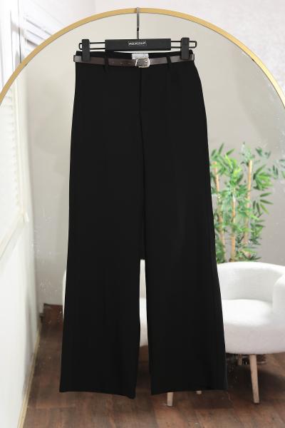 Beli Kemerli Boru Paça Double Pantolon_Siyah
