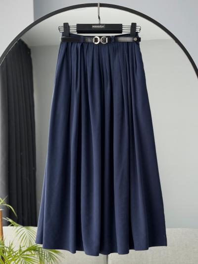 Beli Kemerli Pileli Tencel Etek_Lacivert