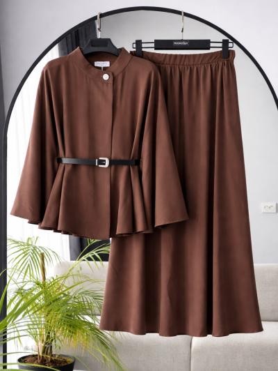 Beli Kemerli Yarasa Kol Etekli Viskon Tencel Takım_Kahve
