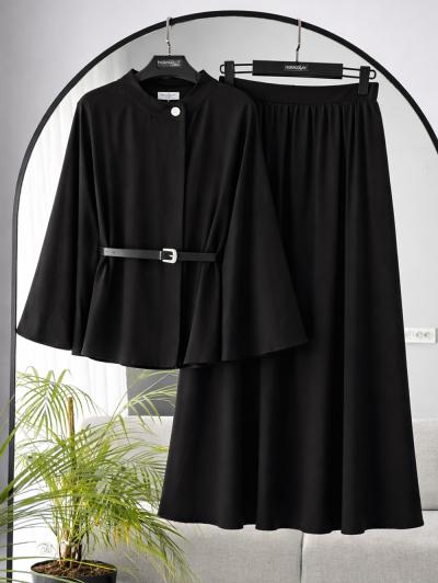 Beli Kemerli Yarasa Kol Etekli Viskon Tencel Takım_Siyah