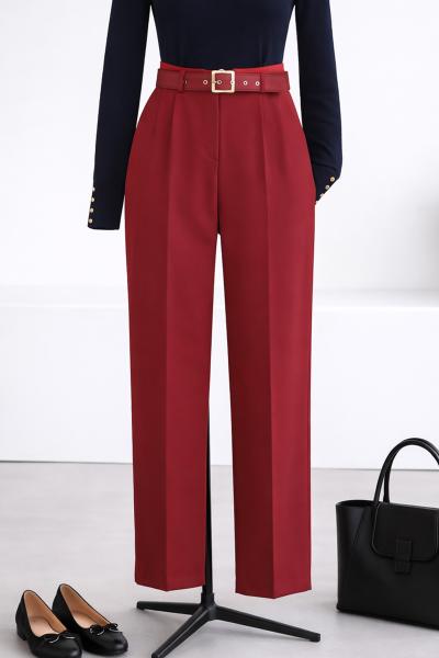 Beli Kemerli Havuç Paça Pantolon_Bordo