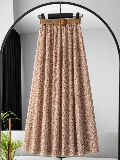 Beli Kemerli Küçük Çiçekli Şifon Etek_Siyah Kahve