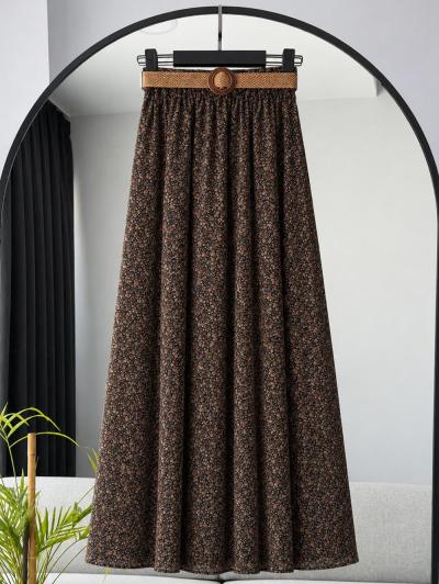 Beli Kemerli Küçük Çiçekli Şifon Etek_Bej Kahve