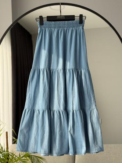 Beli Lastikli Parçalı Tencel Etek_Açık Mavi