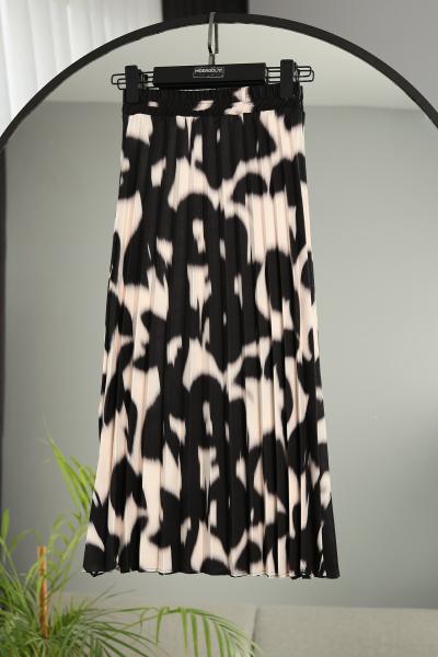 Beli Lastikli Batik Desenlii Piliseli Etek_Siyah Bej
