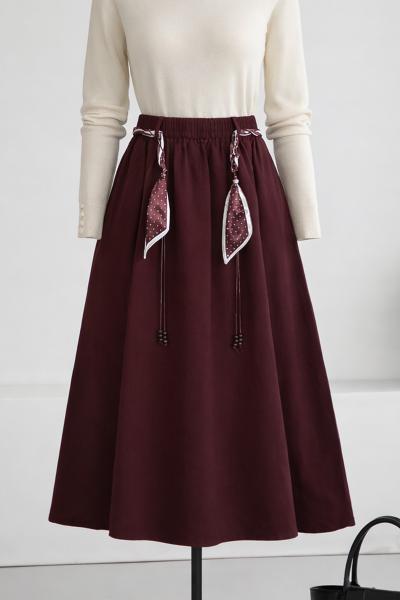 Beli Lastikli Fular Kemerli Etek_Bordo