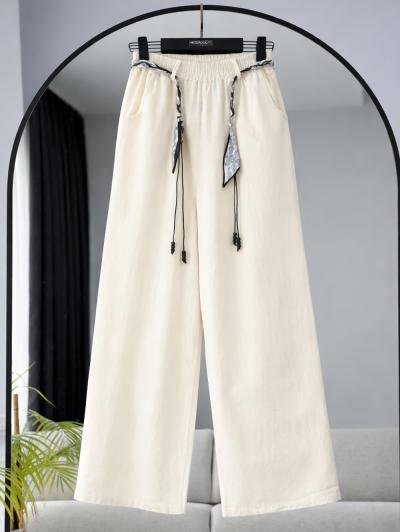 Beli Lastikli Fular Kemerli Pantolon_Ekru