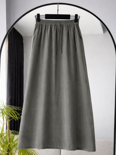 Beli Lastikli Bağlamalı Çift Cepli Tencel Etek_Haki