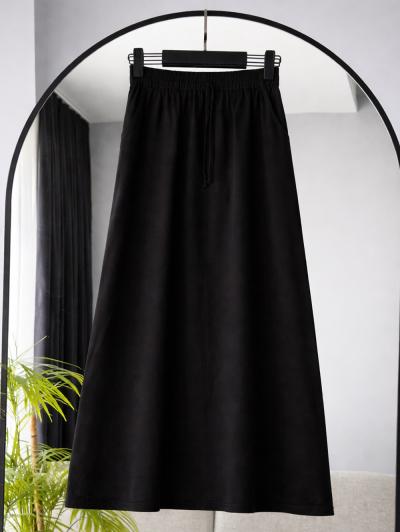 Beli Lastikli Bağlamalı Çift Cepli Tencel Etek_Siyah
