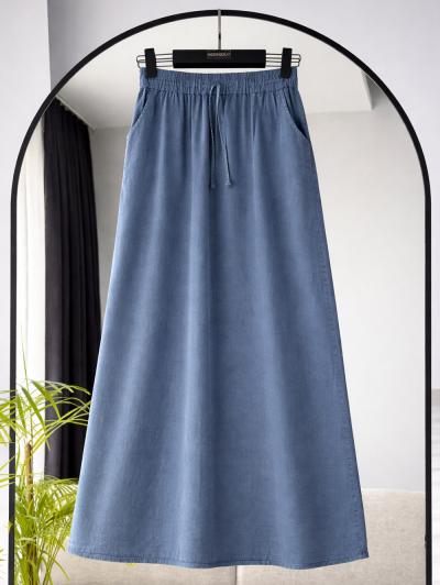 Beli Lastikli Bağlamalı Çift Cepli Tencel Etek_Soft Mavi