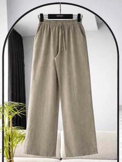 Beli Lastikli Bağlamalı Çift Cepli Tencel Pantolon_Haki