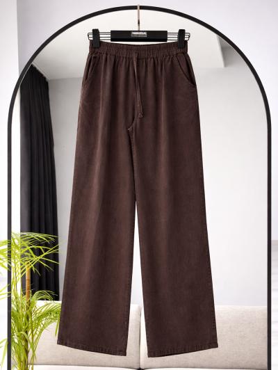 Beli Lastikli Bağlamalı Çift Cepli Tencel Pantolon_Kahve
