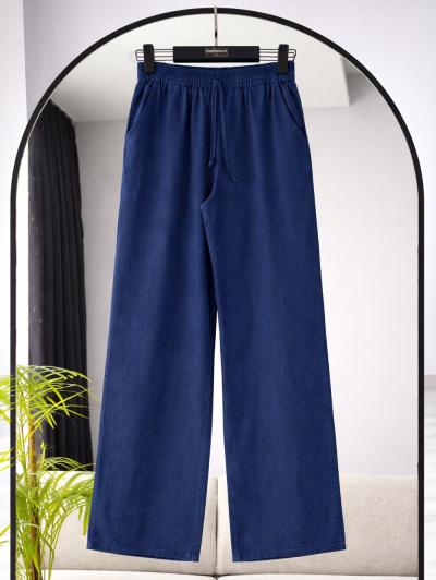 Beli Lastikli Bağlamalı Çift Cepli Tencel Pantolon_Lacivert