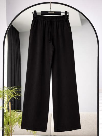 Beli Lastikli Bağlamalı Çift Cepli Tencel Pantolon_Siyah