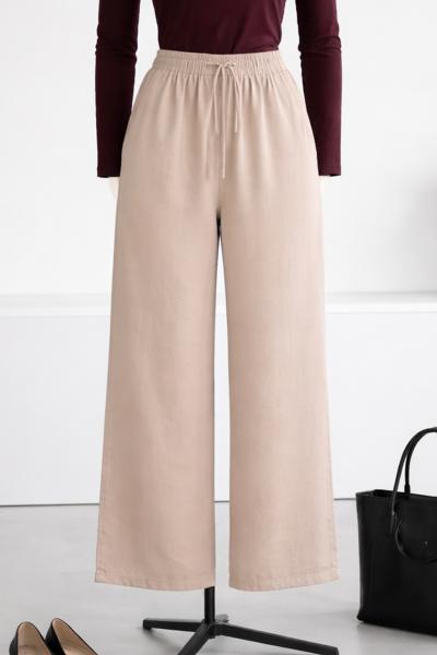 Beli Lastikli Bağlamalı Çift Cepli Tencel Pantolon_Taş