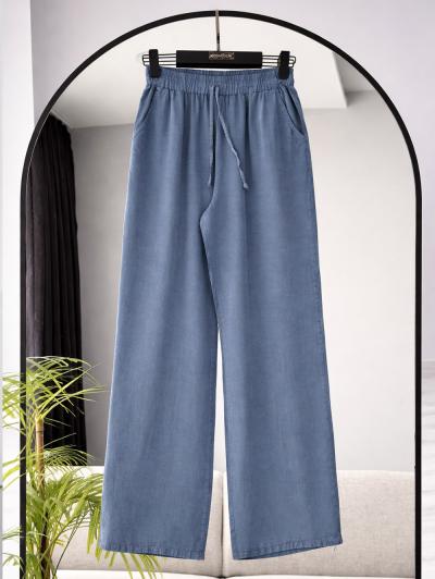 Beli Lastikli Bağlamalı Çift Cepli Tencel Pantolon_Soft Mavi
