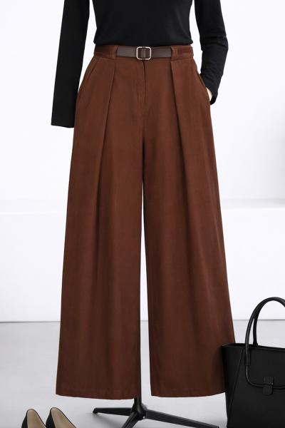 Beli Lastikli Kemerli Tencel Bol Paça Pantolon_Kahve