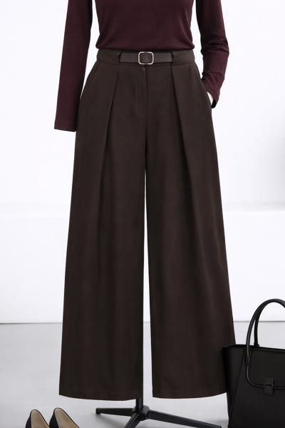 Beli Lastikli Kemerli Tencel Bol Paça Pantolon_Koyu Kahve