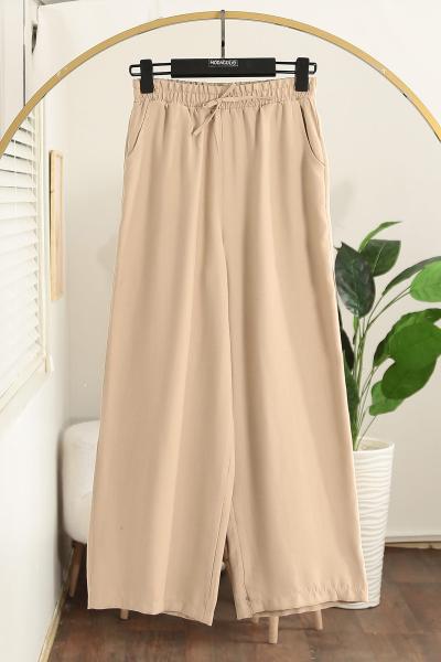 Beli Lastikli İpli Verev Modal Pantolon_Bej