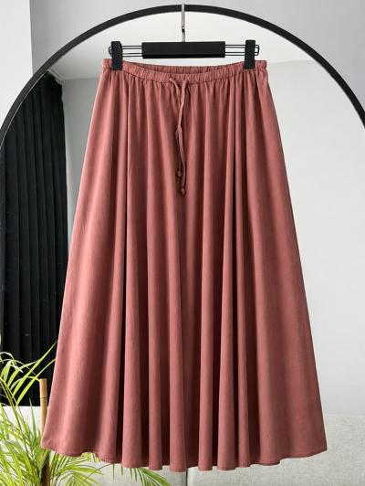 Beli Lastikli Bağlamalı Parçalı Keten Etek_Kiremit