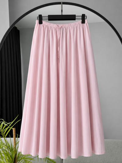 Beli Lastikli Bağlamalı Parçalı Keten Etek_Pembe