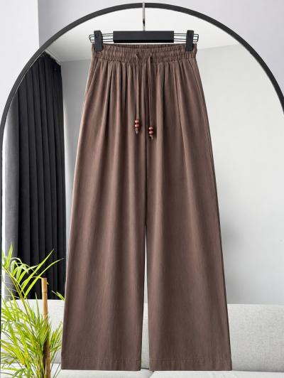 Beli Lastikli Boncuklu Bol Paça Keten Pantolon_Kahve