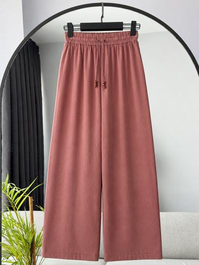 Beli Lastikli Boncuklu Bol Paça Keten Pantolon_Kiremit