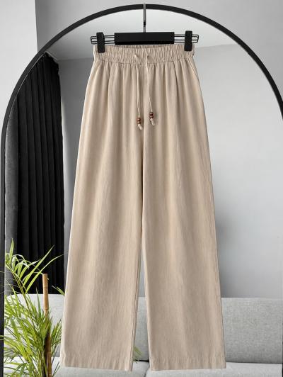 Beli Lastikli Boncuklu Bol Paça Keten Pantolon_Vizon