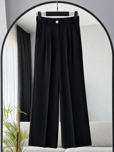 Beli Lastikli Altın Düğmeli Bol Paça Pantolon_Siyah