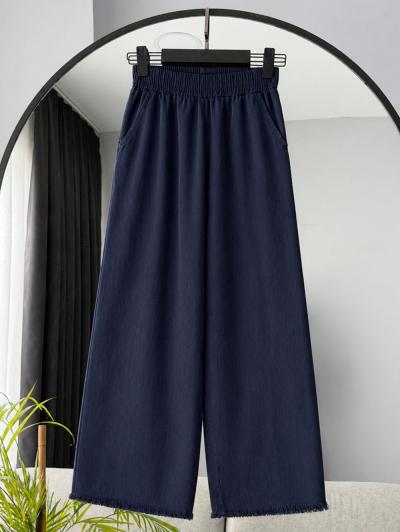 Beli Lastikli Bol Paça Püsküllü Gabardin Pantolon_Lacivert