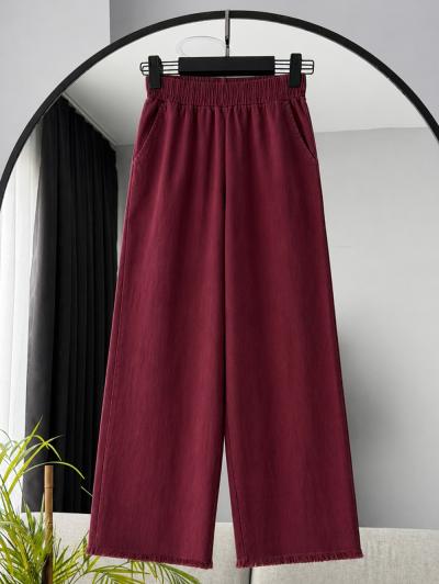 Beli Lastikli Bol Paça Püsküllü Gabardin Pantolon_Mürdüm