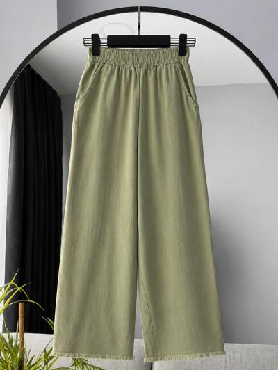 Beli Lastikli Bol Paça Püsküllü Gabardin Pantolon_Adaçayı