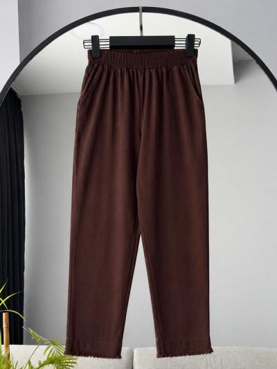 Beli Lastikli Dar Paça Püsküllü Gabardin Pantolon_Kahve