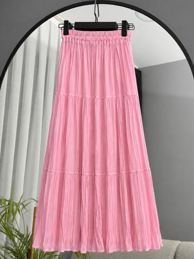 Beli Lastikli Parçalı Tül Modal Etek_Pembe