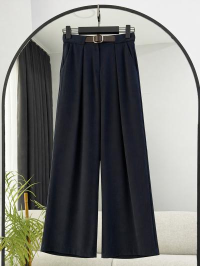 Beli Lastikli Kemerli Tencel Bol Paça Pantolon_Lacivert