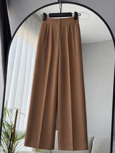Beli Lastikli Çift Cepli Bol Paça Modal Pantolon_Camel