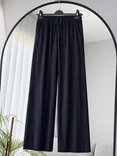 Beli Lastikli Çift Cepli Keten Pantolon_Lacivert