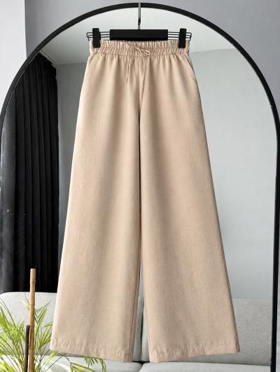 Beli Lastikli Bağlamalı Bol Paça Pantolon_Bej