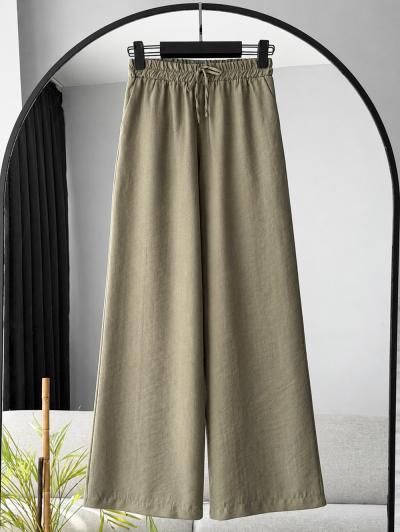 Beli Lastikli Bağlamalı Bol Paça Pantolon_Haki