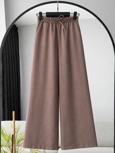 Beli Lastikli Bağlamalı Bol Paça Pantolon_Sütlü Kahve