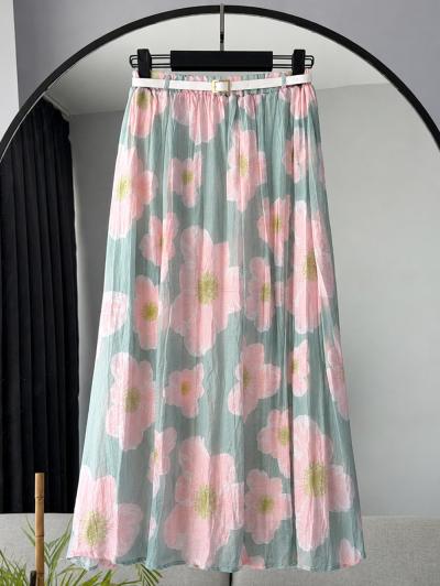 Beli Lastikli Gül Desenli Tül Modal Etek_Pembe Mint