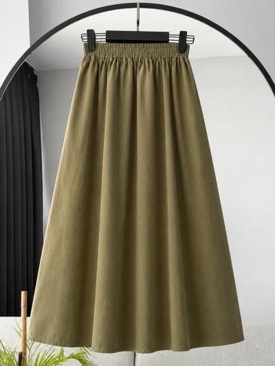 Beli Lastikli Çift Cepli New Gabardin Etek_Haki