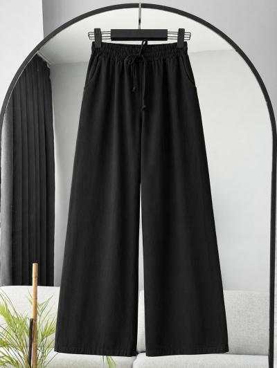 Beli Lastikli Bağlamalı Rahat Kalıp Gabardin Pantolon_Siyah