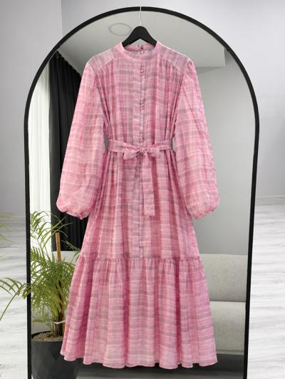 Boydan Düğmeli Desenli Tencel Vual Elbise_Pembe