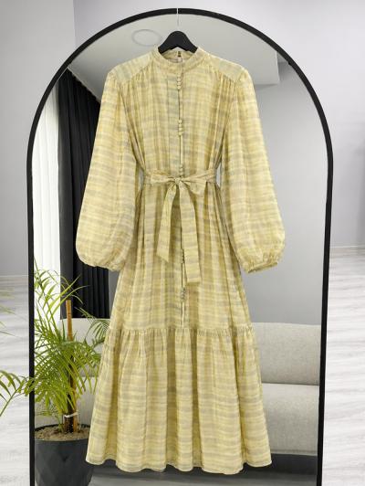 Boydan Düğmeli Desenli Tencel Vual Elbise_Sarı