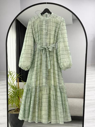 Boydan Düğmeli Desenli Tencel Vual Elbise_Yeşil