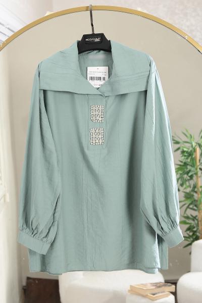 Büyük Yakalı Patı Taş Detaylı Çilek Tunik_Mint