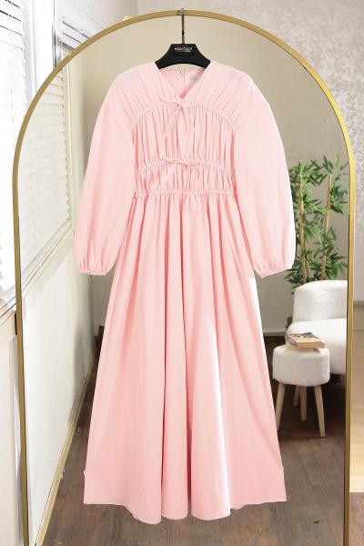 Büzgülü Bağlamalı Poplin Elbise_Pembe