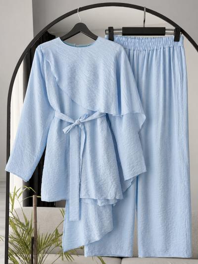 Çapraz Pelerinli Kuşaklı Pantolonlu Takım_Bebe Mavi